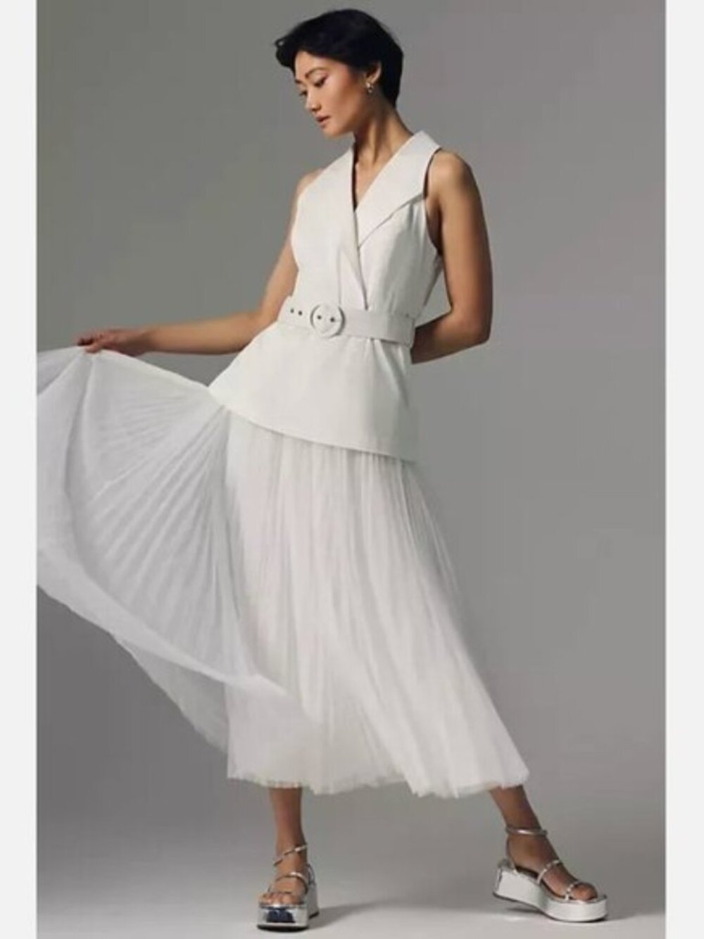 Hutch White Blazer Vest with Pleated Tulle Dress